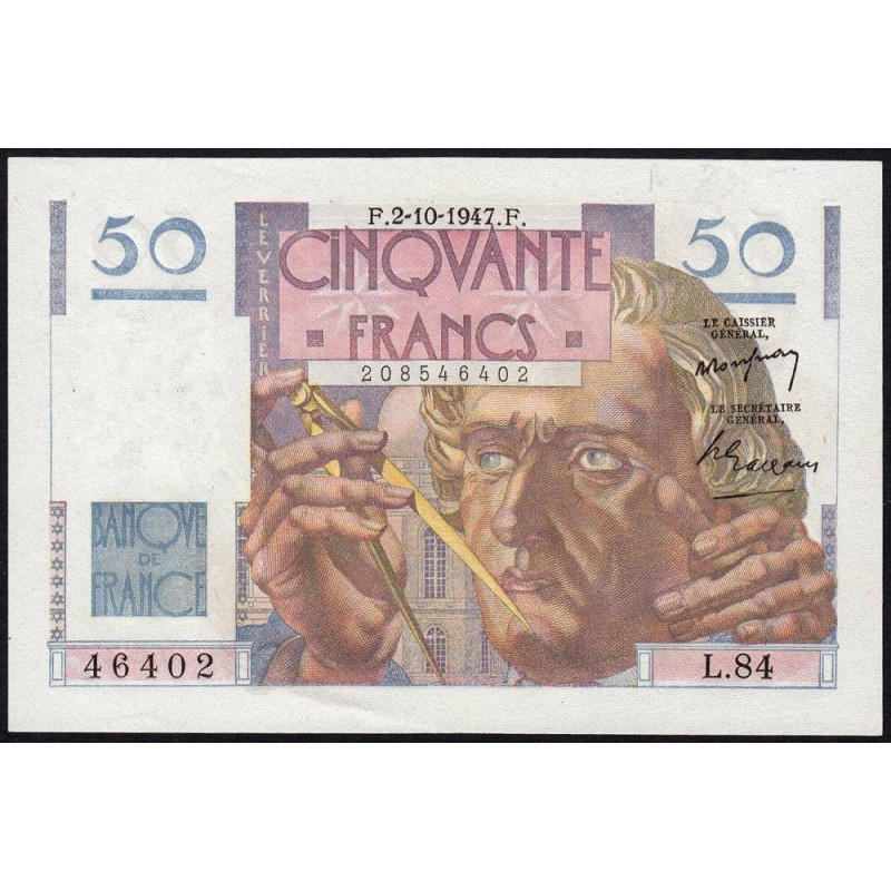 F 20-09 - 02/10/1947 - 50 francs - Le Verrier - Série L.84 - Etat : SPL