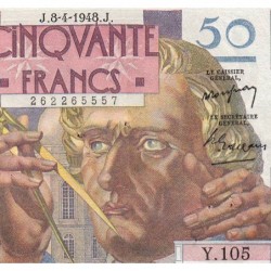 F 20-10 - 08/04/1948 - 50 francs - Le Verrier - Série Y.105 - Etat : SUP+