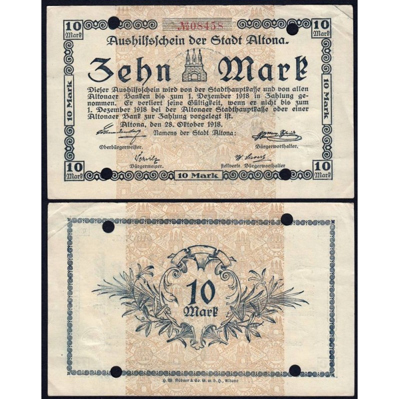 Allemagne - Notgeld - Altona - 10 mark - 28/10/1918 - Annulé - Etat : TTB+