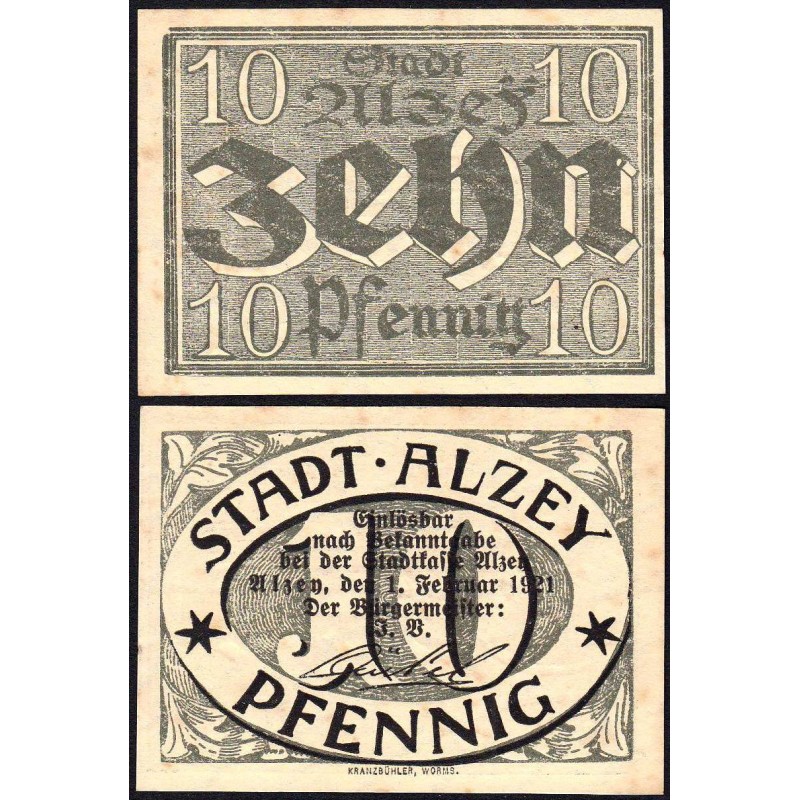 Allemagne - Notgeld - Alzey - 10 pfennig - 01/02/1921 - Etat : SPL