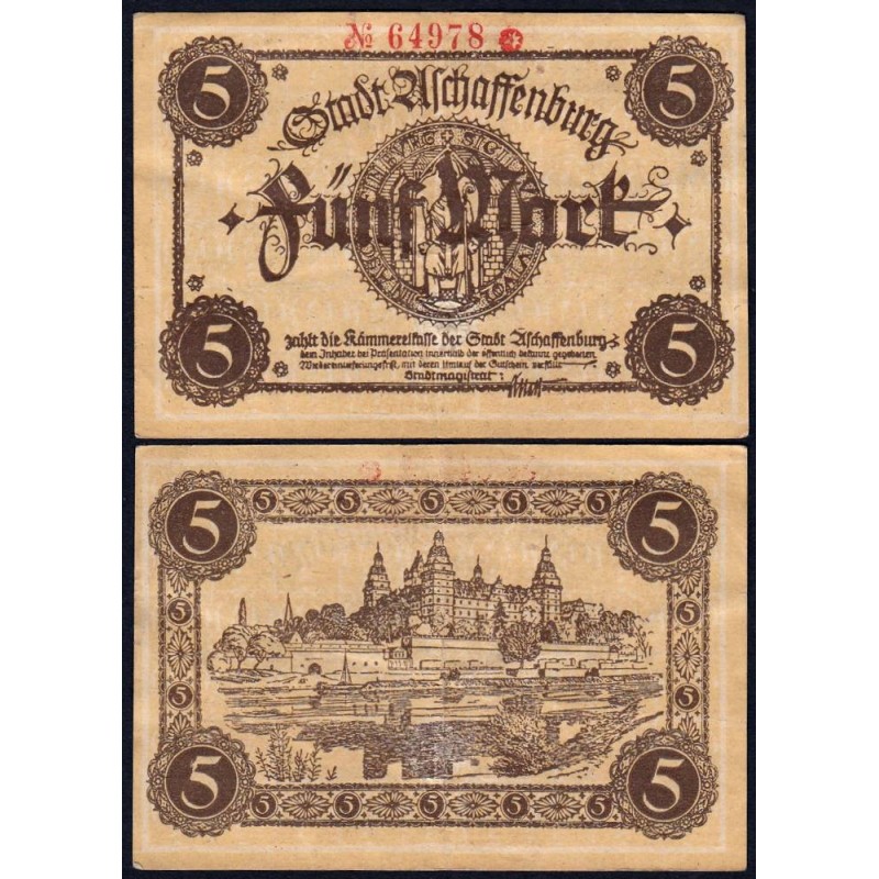 Allemagne - Notgeld - Aschaffenburg - 5 mark - 1918 - Etat : TTB+