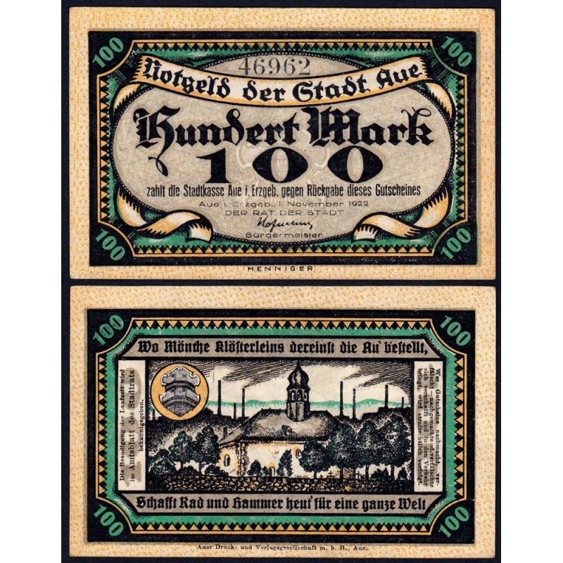 Allemagne - Notgeld - Aue - 100 mark - 01/11/1922 - Etat : SUP