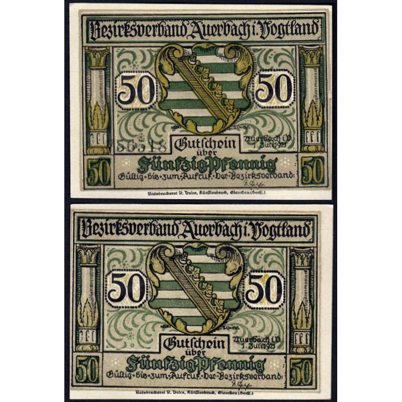 Allemagne - Notgeld - Auerbach - 50 pfennig - Sans illustration - Type b - 01/07/1921 - Etat : pr.NEUF