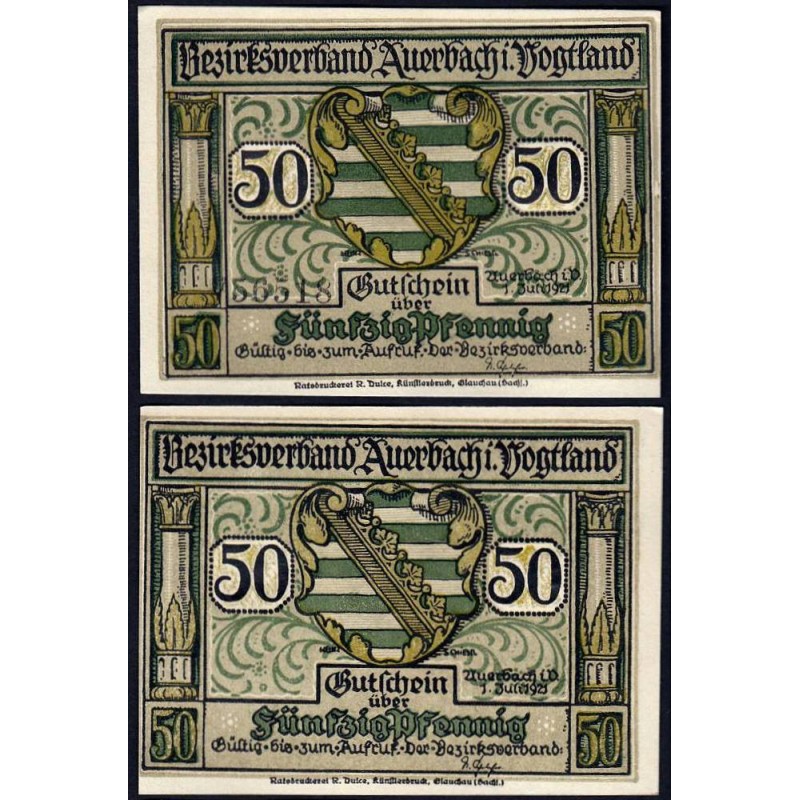 Allemagne - Notgeld - Auerbach - 50 pfennig - Type 1b - Sans numéro - 01/07/1921 - Etat : pr.NEUF