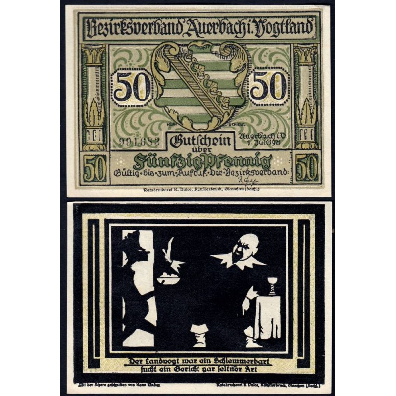 Allemagne - Notgeld - Auerbach - 50 pfennig - Illustration 1 - Type c - 01/07/1921 - Etat : NEUF