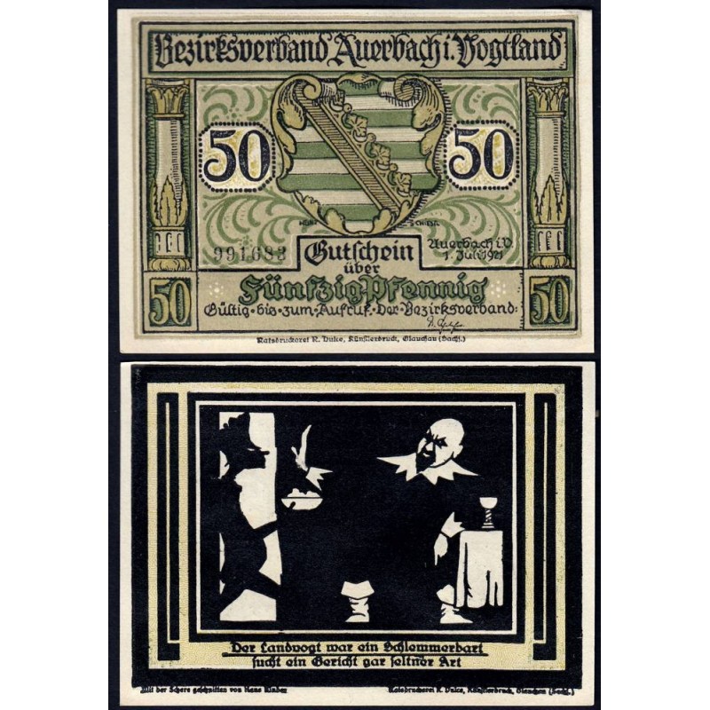 Allemagne - Notgeld - Auerbach - 50 pfennig - Type 2b - Numéro 1 - 01/07/1921 - Etat : NEUF