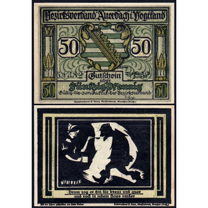 Allemagne - Notgeld - Auerbach - 50 pfennig - Type 3b - Numéro 2 - 01/07/1921 - Etat : NEUF