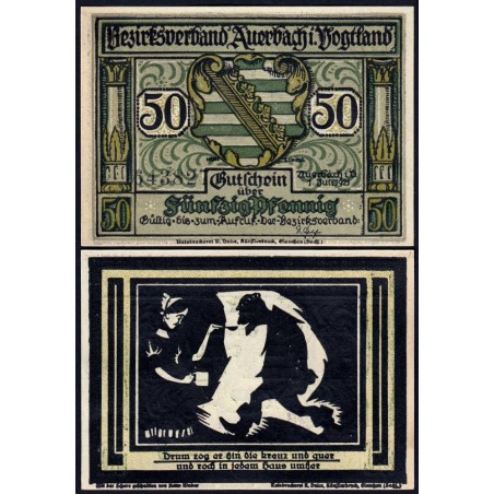 Allemagne - Notgeld - Auerbach - 50 pfennig - Type 3b - Numéro 2 - 01/07/1921 - Etat : NEUF