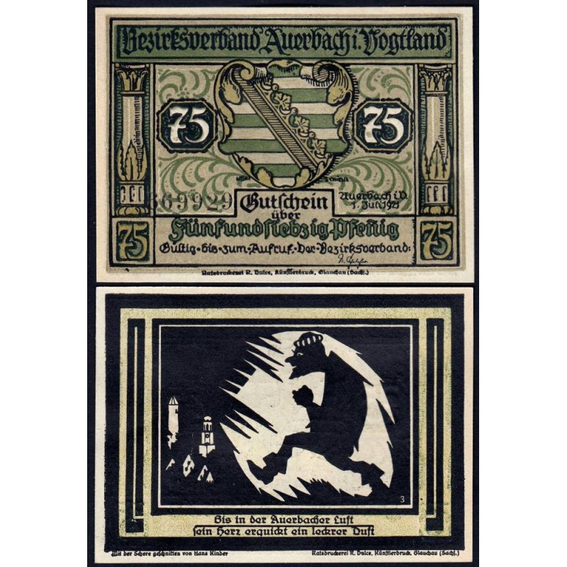 Allemagne - Notgeld - Auerbach - 75 pfennig - Illustration 3 - Type b - 01/07/1921 - Etat : NEUF