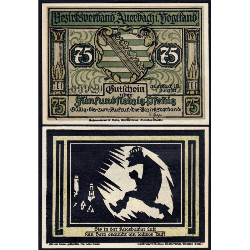 Allemagne - Notgeld - Auerbach - 75 pfennig - Type 1b - Numéro 3 - 01/07/1921 - Etat : NEUF