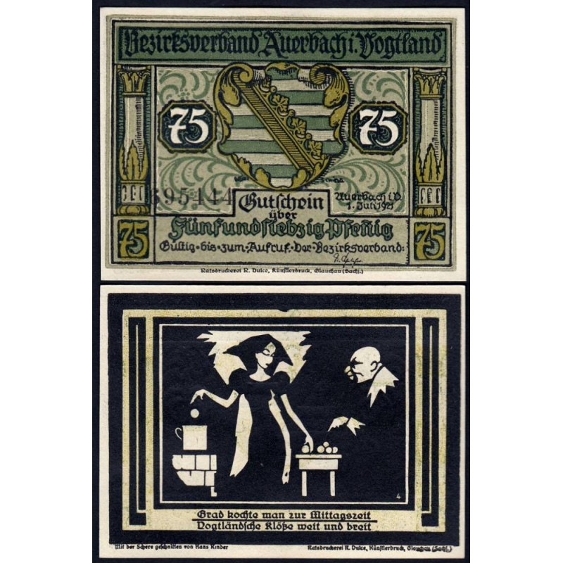 Allemagne - Notgeld - Auerbach - 75 pfennig - Type 2b - Numéro 4 - 01/07/1921 - Etat : NEUF