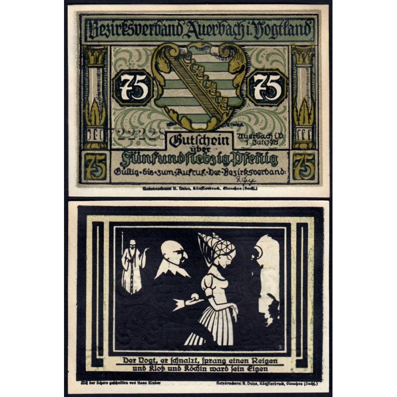 Allemagne - Notgeld - Auerbach - 75 pfennig - Illustration 5 - Type b - 01/07/1921 - Etat : NEUF
