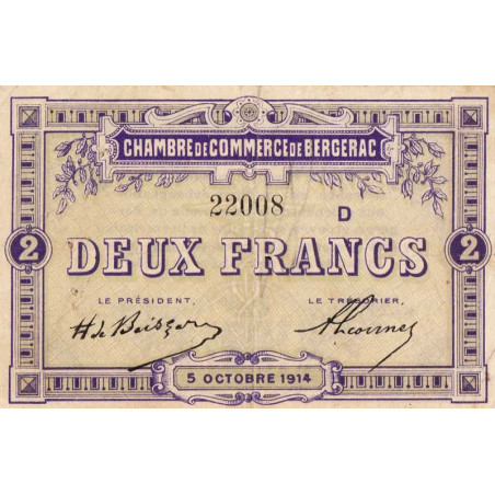 Bergerac - Pirot 24-21 - 2 francs - Série D - 05/10/1914 - Etat : TTB-