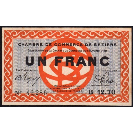 Béziers - Pirot 27-8 - 1 franc - Série B 12.70 - 05/11/1914 - Etat : SUP+