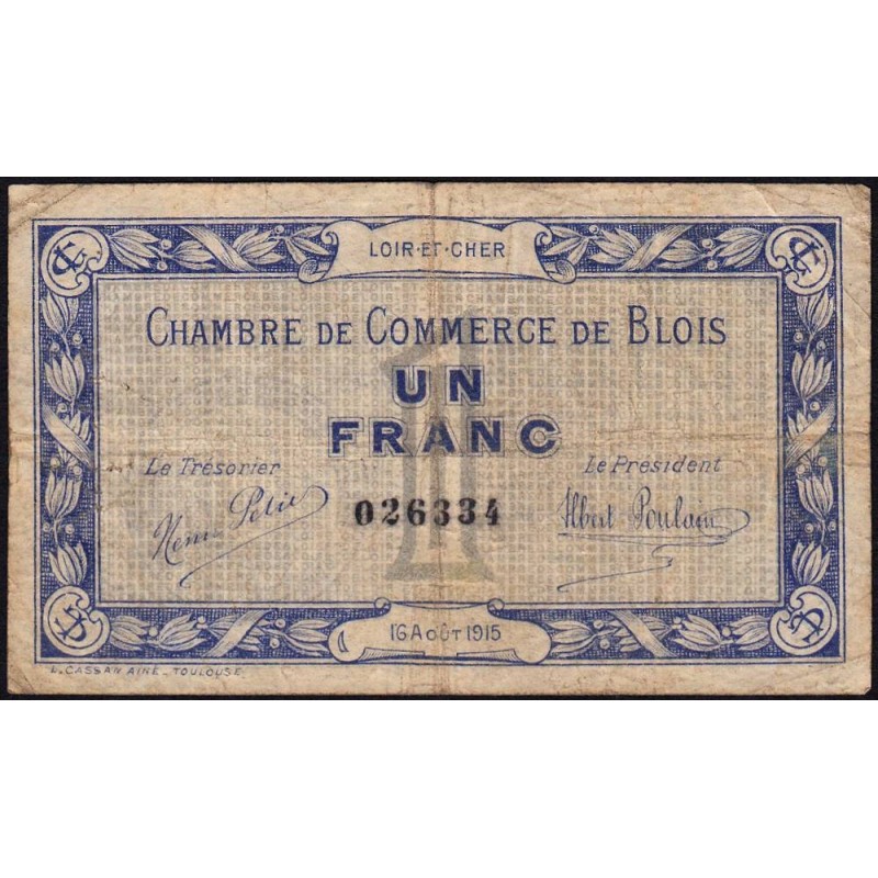 Blois (Loir-et-Cher) - Pirot 28-3 - 1 franc - 16/08/1915 - Etat : TB-