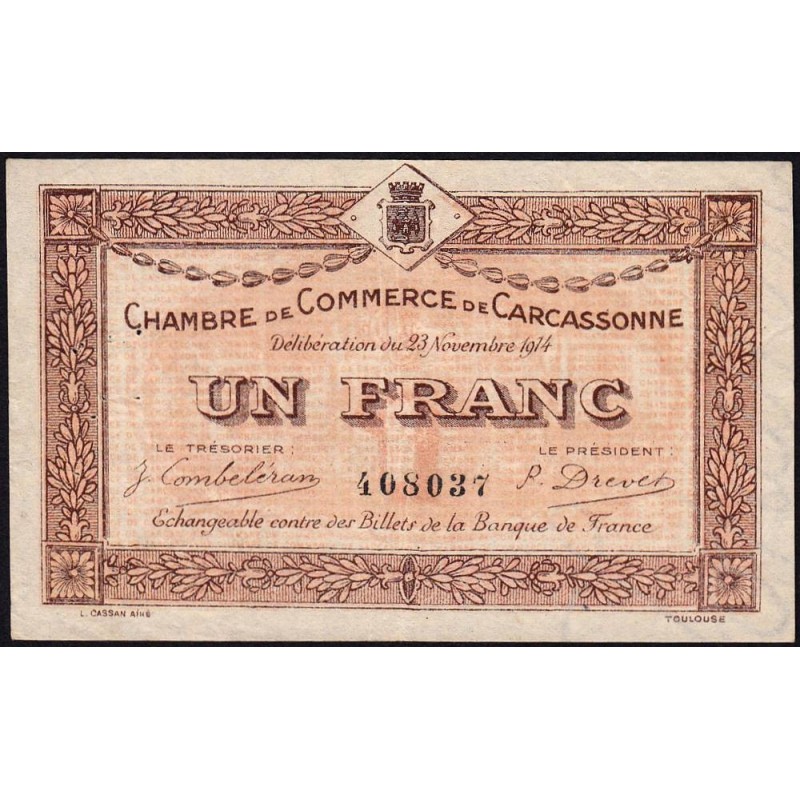 Carcassonne - Pirot 38-6 variété - 1 franc - 1914 - Etat : TTB+