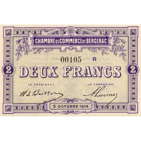 Bergerac - Pirot 24-22 variété - 2 francs - Série R - 05/10/1914 - Etat : NEUF