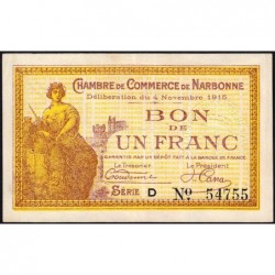 Narbonne - Pirot 89-6 - 1 franc - Série D - 04/11/1915 - Etat : SUP