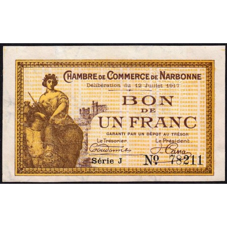 Narbonne - Pirot 89-15 - 1 franc - Série J - 12/07/1917 - Etat : SUP