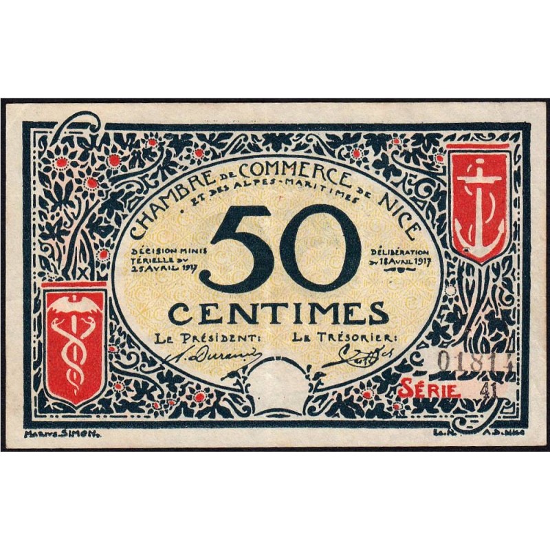 Nice - Pirot 91-04b - 50 centimes - Série 41 - 25/04/1917 - Etat : TTB