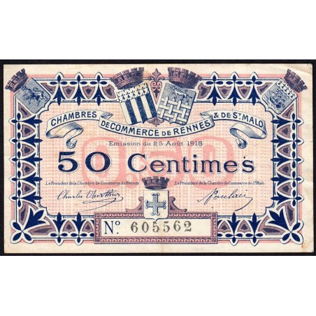 Rennes et Saint-Malo - Pirot 105-1 - 50 centimes - Sans série - 25/08/1915 - Etat : TTB-