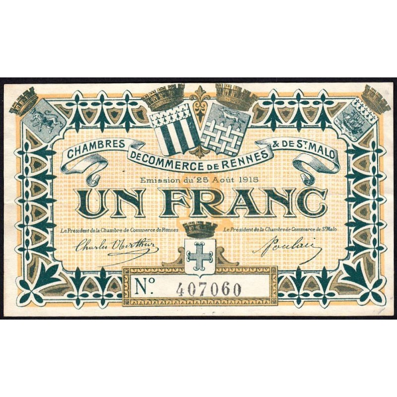Rennes et Saint-Malo - Pirot 105-3 - 1 franc - Sans série - 25/08/1915 - Etat : TTB