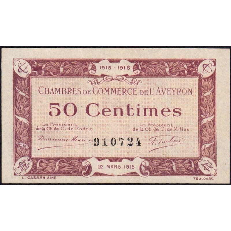 Rodez et Millau - Pirot 108-1 - 50 centimes - Sans série - 12/03/1915 - Etat : SPL+