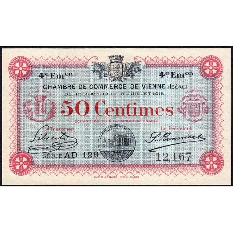 Vienne (Isère) - Pirot 128-21 - 50 centimes - Série AD 129 - 4e émission - 08/07/1918 - Etat : SPL+