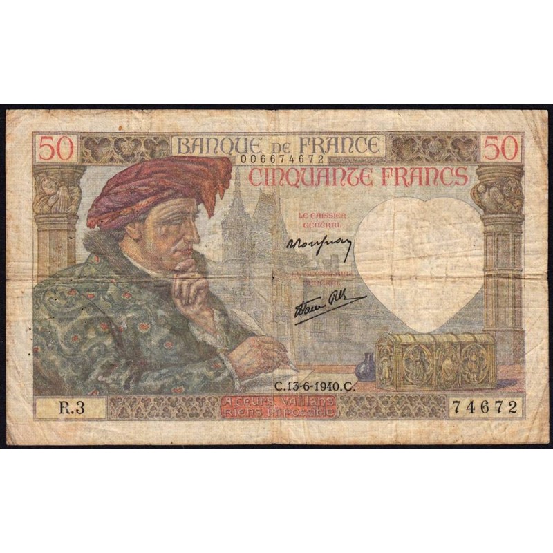 F 19-01 - 13/06/1940 - 50 francs - Jacques Coeur - Série R.3 - Etat : TB-