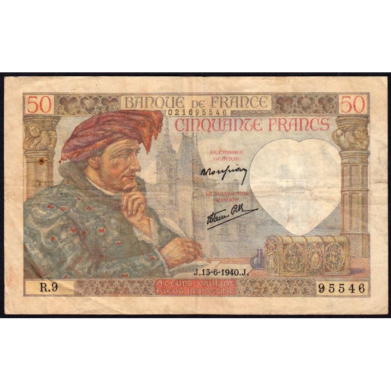 F 19-01 - 13/06/1940 - 50 francs - Jacques Coeur - Série R.9 - Etat : TB+