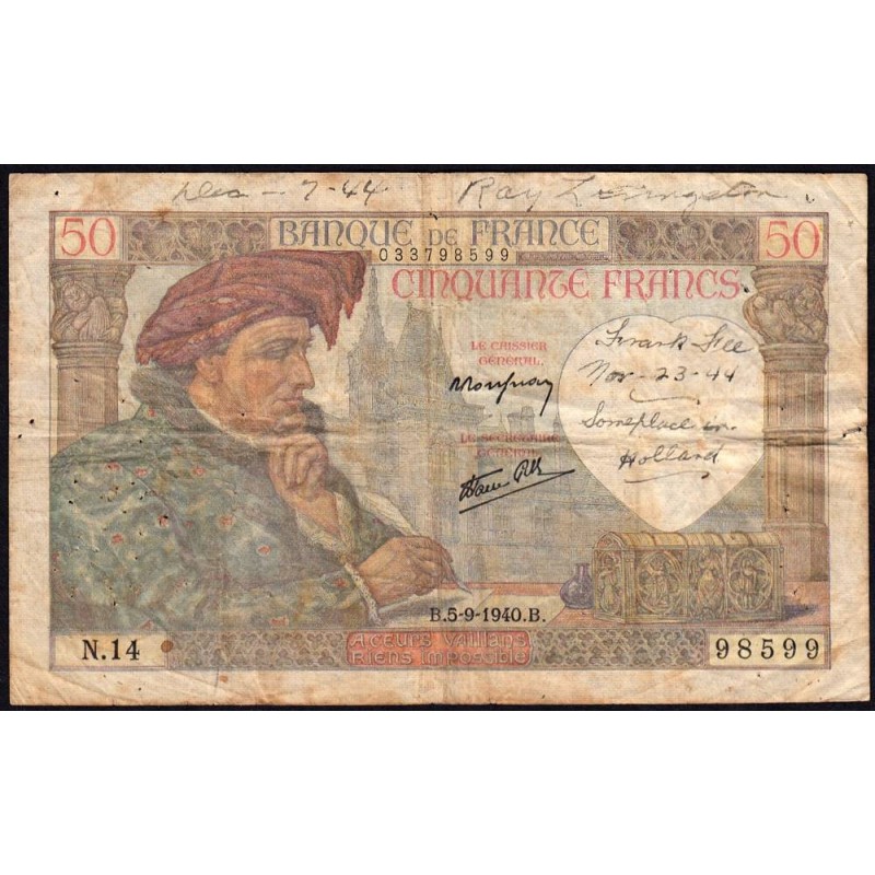 F 19-02 - 05/09/1940 - 50 francs - Jacques Coeur - Série N.14 - Etat : TB-