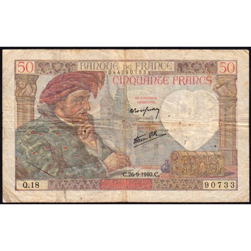 F 19-03 - 26/09/1940 - 50 francs - Jacques Coeur - Série Q.18 - Etat : TB-