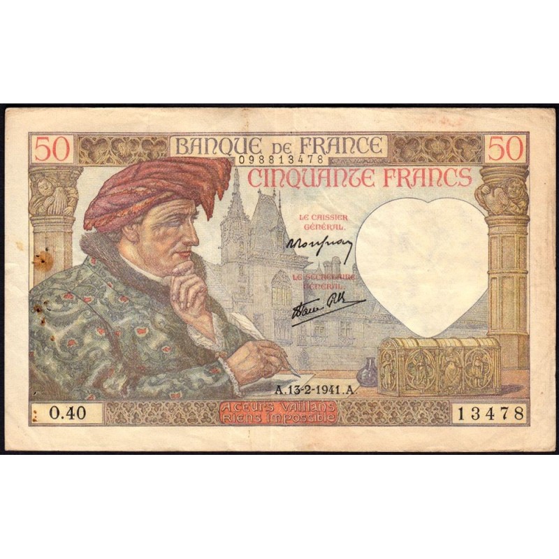 F 19-06 - 13/02/1941 - 50 francs - Jacques Coeur - Série O.40 - Etat : TB+