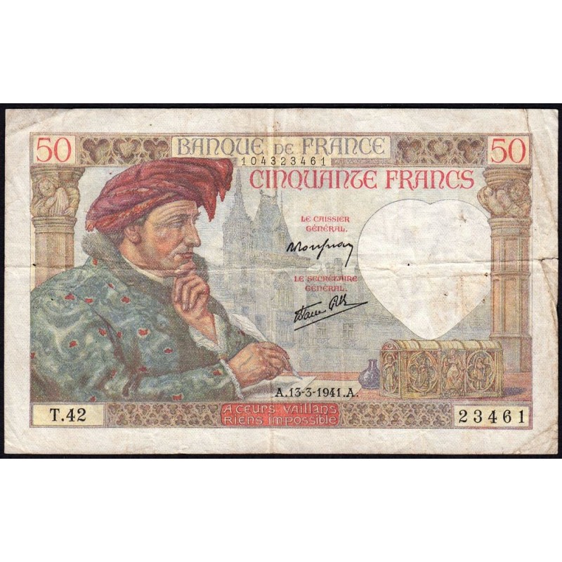 F 19-07 - 13/03/1941 - 50 francs - Jacques Coeur - Série T.42 - Etat : TB-