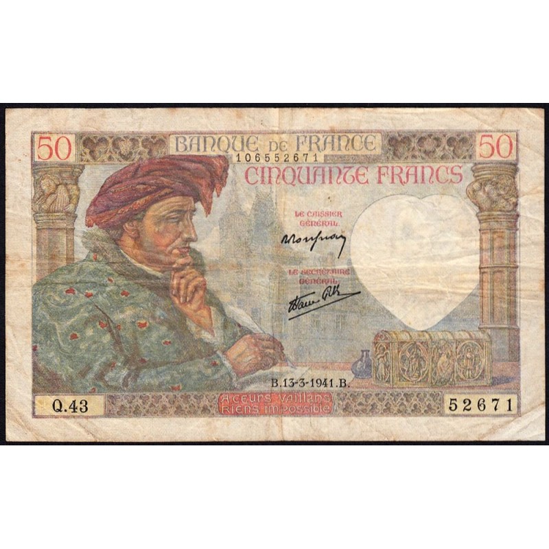 F 19-07 - 13/03/1941 - 50 francs - Jacques Coeur - Série Q.43 - Etat : TB-