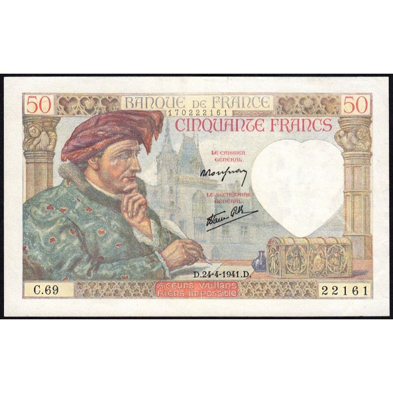 F 19-09 - 24/04/1941 - 50 francs - Jacques Coeur - Série C.69 - Etat : SUP+