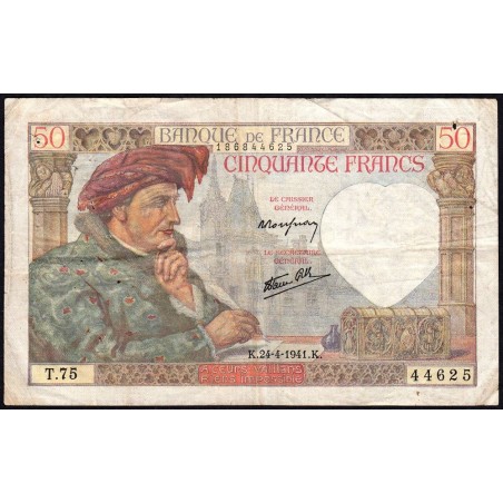 F 19-09 - 24/04/1941 - 50 francs - Jacques Coeur - Série T.75 - Etat : TB