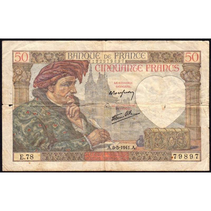 F 19-10 - 08/05/1941 - 50 francs - Jacques Coeur - Série E.78 - Etat : B+