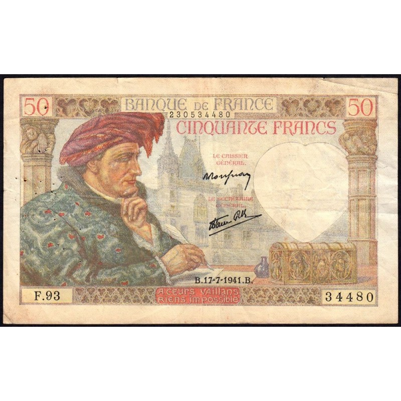 F 19-12 - 17/07/1941 - 50 francs - Jacques Coeur - Série F.93 - Etat : TB+