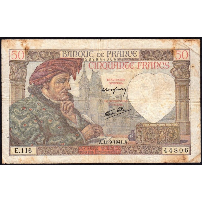 F 19-14 - 11/09/1941 - 50 francs - Jacques Coeur - Série E.116 - Etat : B+