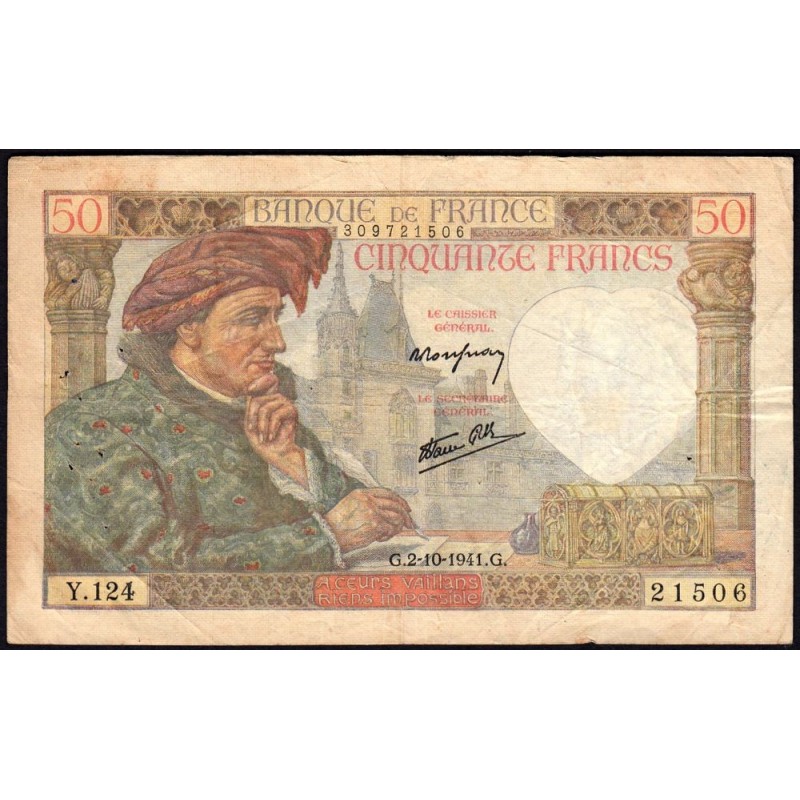 F 19-15 - 02/10/1941 - 50 francs - Jacques Coeur - Série Y.124 - Etat : TB