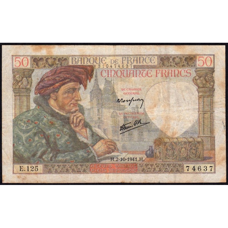 F 19-15 - 02/10/1941 - 50 francs - Jacques Coeur - Série E.125 - Etat : B+