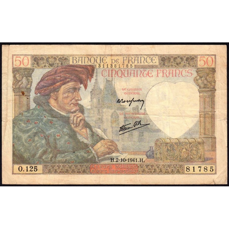 F 19-15 - 02/10/1941 - 50 francs - Jacques Coeur - Série O.125 - Etat : TB-