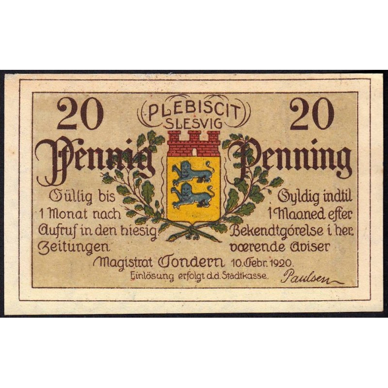Danemark - Notgeld - Ville de Tonder - 20 pfennig - 10/02/1920 - Etat : SPL+