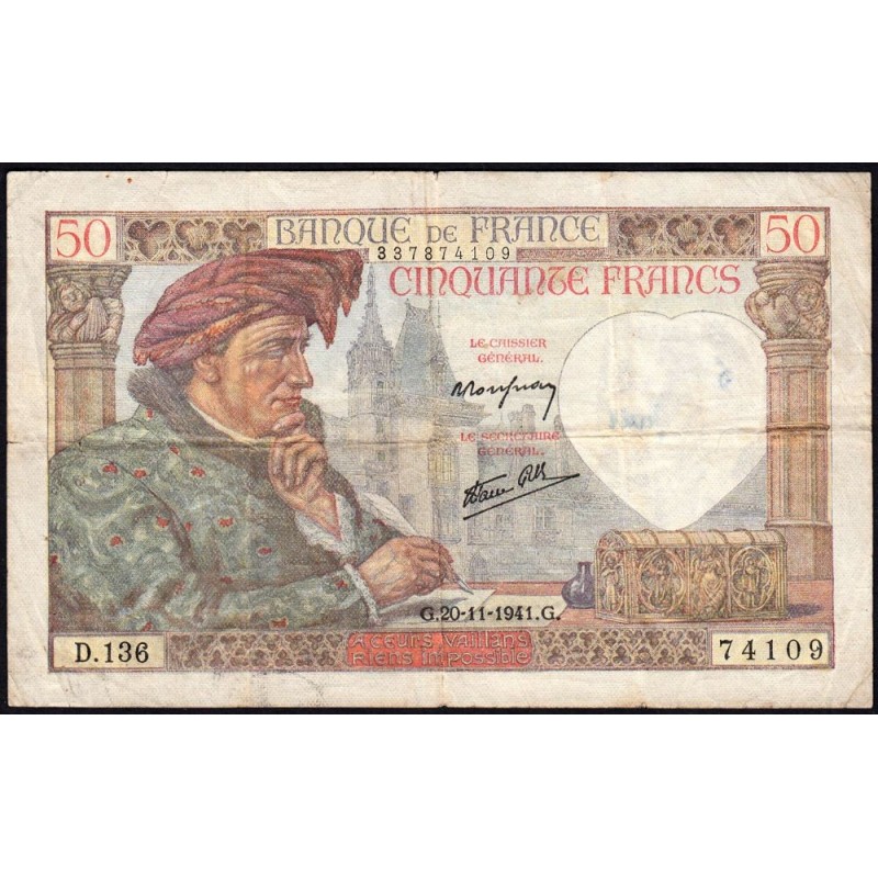 F 19-16 - 20/11/1941 - 50 francs - Jacques Coeur - Série D.136 - Etat : TB-