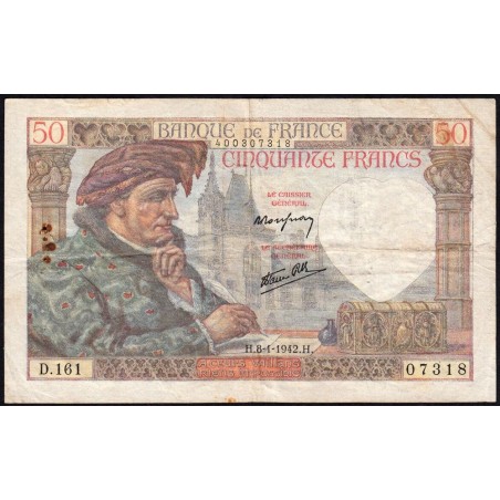 F 19-18 - 08/01/1942 - 50 francs - Jacques Coeur - Série D.161 - Etat : TB+