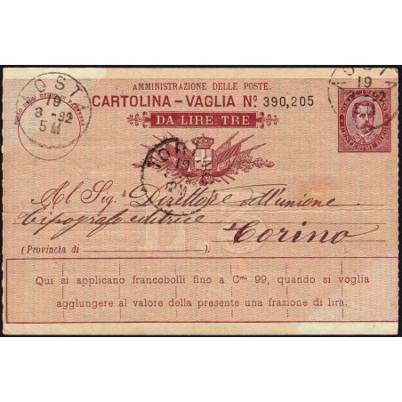 Italie - Mandat Carte - 3 lire - 18/03/1892 - Etat : TTB+