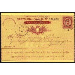 Italie - Mandat Carte - 5 lire - 25/04/1892 - Etat : SUP