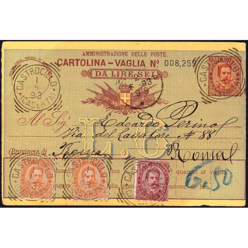 Italie - Mandat Carte - 6 lire 50 centesimi - 29/04/1893 - Etat : SUP