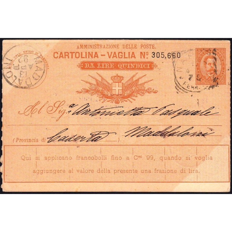 Italie - Mandat Carte - 15 lire - 30/03/1892 - Etat : SUP